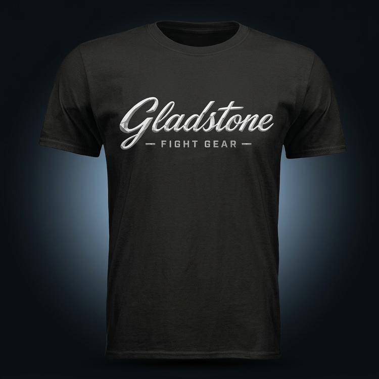 Gladstone Foundation Tee in black, front view with silver Gladstone Fight Gear script