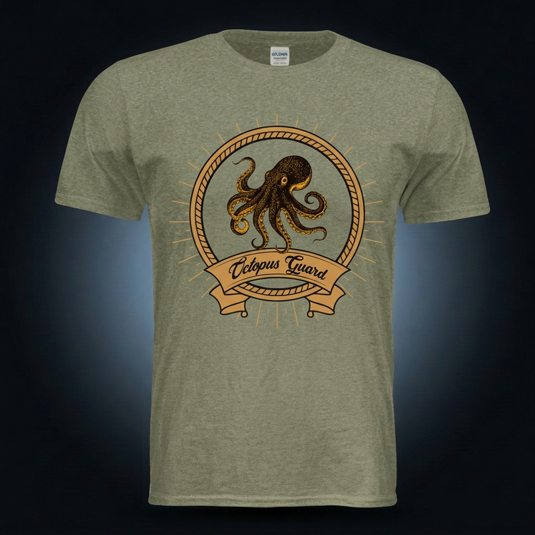 Front of olive Gladstone Octopus Guard Tee with gold-toned octopus graphic on a dark studio background