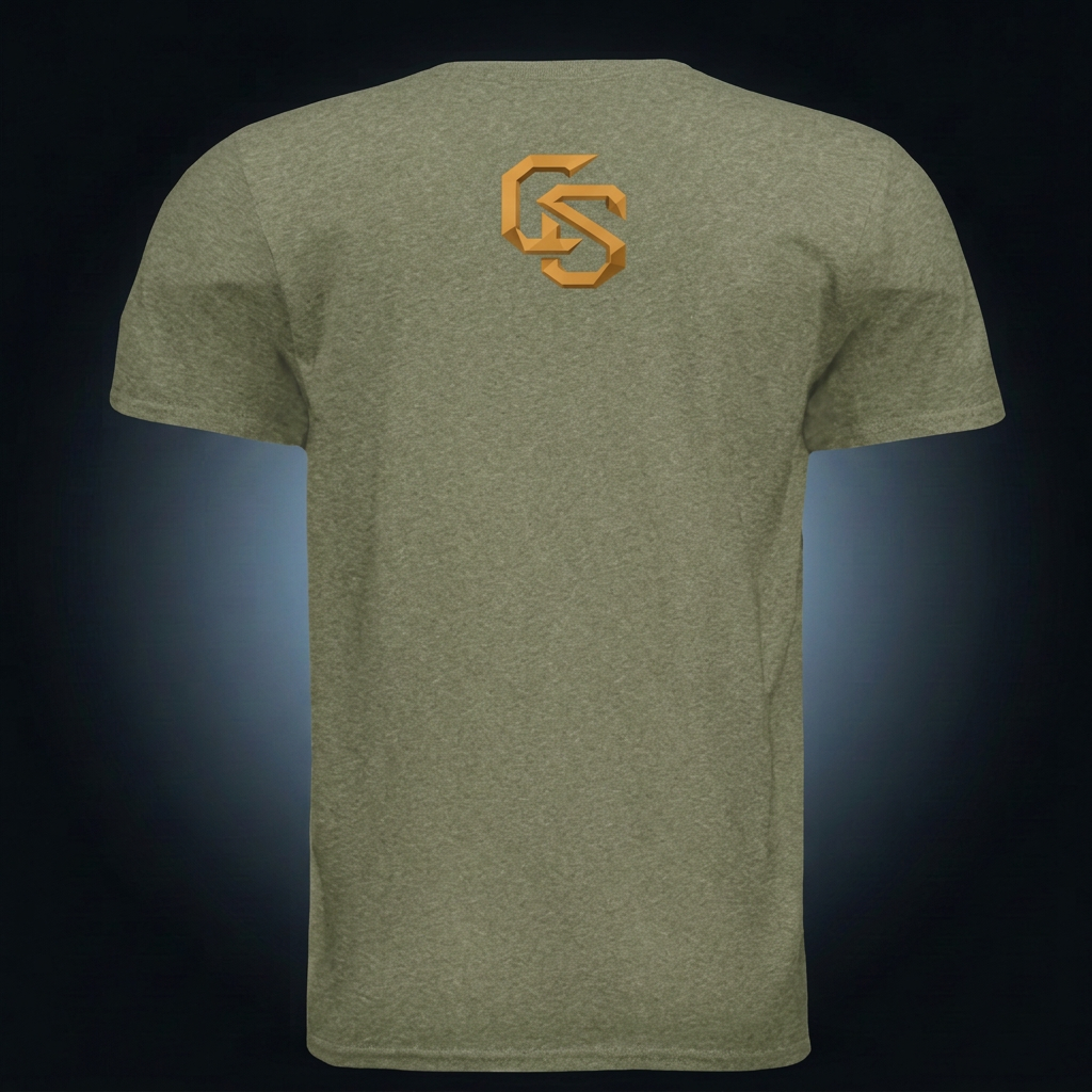 Back of olive Gladstone Octopus Guard Tee with gold-toned upper-back monogram on a dark studio background
