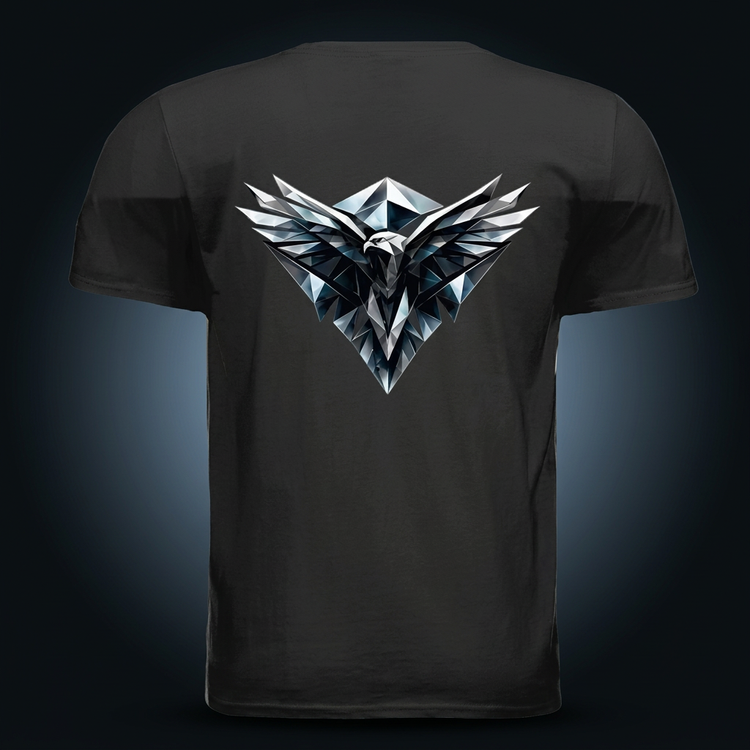 Gladstone Foundation Tee in black, back view with faceted chrome eagle graphic